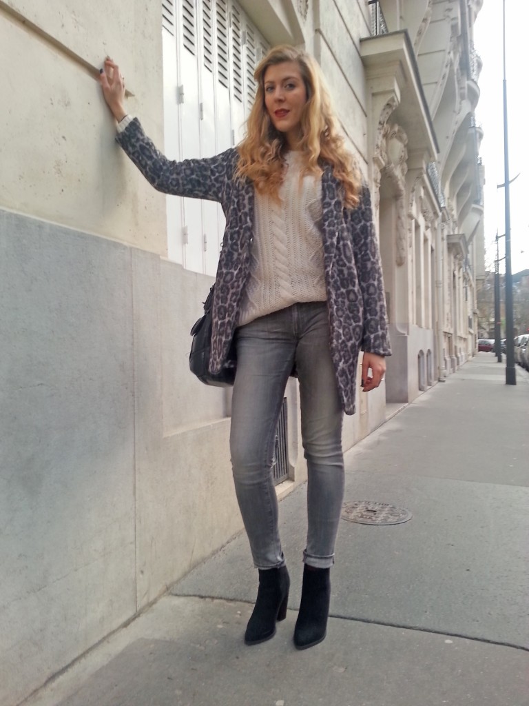 pull maille irlandaise, pull marilyn, gérard darel, manteau léopard, léopard gris, new look, jean slim gris, ralph lauren, denim & supply, boots talons strass, look du jour, ootd, style d'un jour