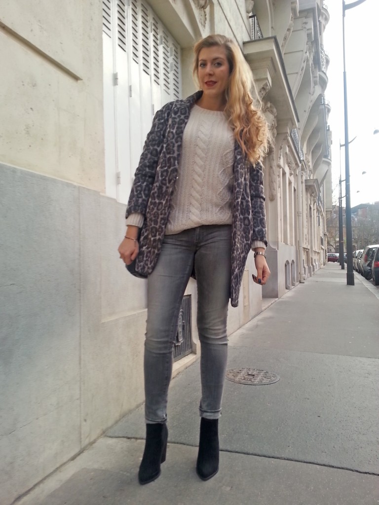 pull maille irlandaise, pull marilyn, gérard darel, manteau léopard, léopard gris, new look, jean slim gris, ralph lauren, denim & supply, boots talons strass, look du jour, ootd, style d'un jour