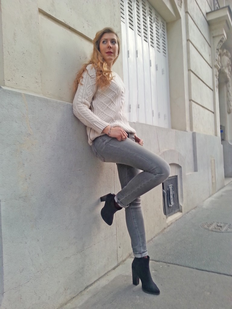 pull maille irlandaise, pull marilyn, gérard darel, manteau léopard, léopard gris, new look, jean slim gris, ralph lauren, denim & supply, boots talons strass, look du jour, ootd, style d'un jour