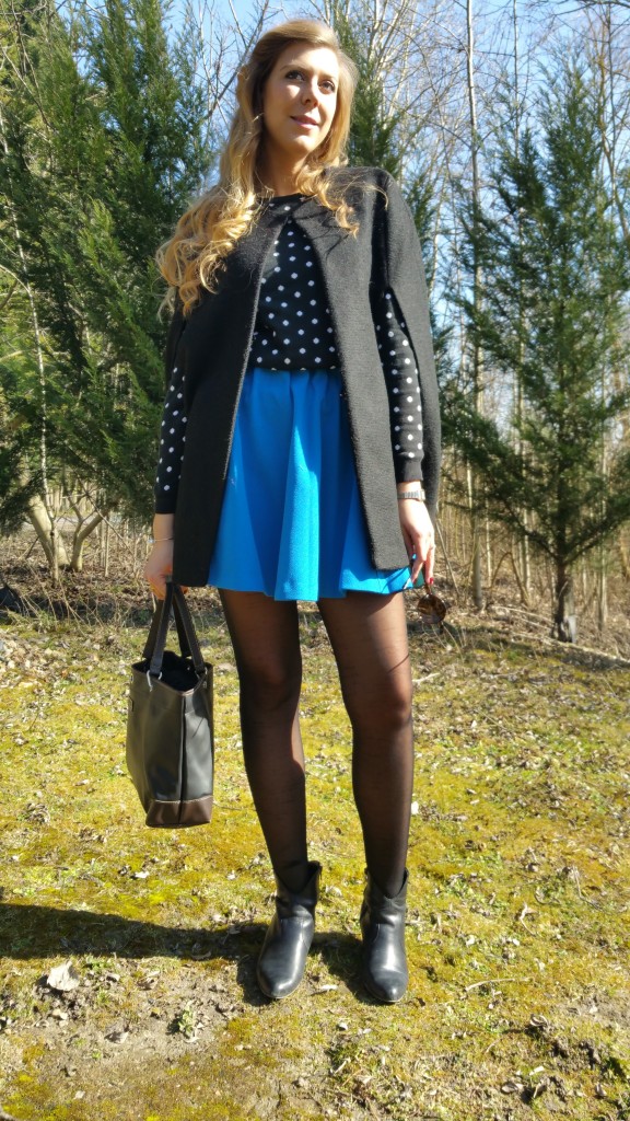 Blog mode,  Pull à pois,  jupe corolle,  jupe bleue,  Cape,  NewLook,  Damart,H&M,  Gémo,  Longchamps, Soleil, Printemps,  look été,  tendance pe 2015