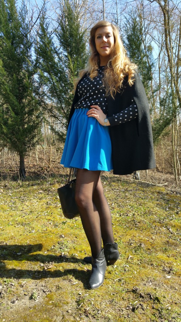 Blog mode,  Pull à pois,  jupe corolle,  jupe bleue,  Cape,  NewLook,  Damart,H&M,  Gémo,  Longchamps, Soleil, Printemps,  look été,  tendance pe 2015