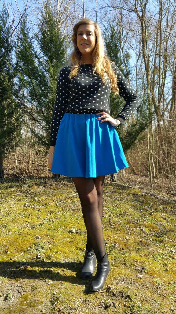 Blog mode,  Pull à pois,  jupe corolle,  jupe bleue,  Cape,  NewLook,  Damart,H&M,  Gémo,  Longchamps, Soleil, Printemps,  look été,  tendance pe 2015