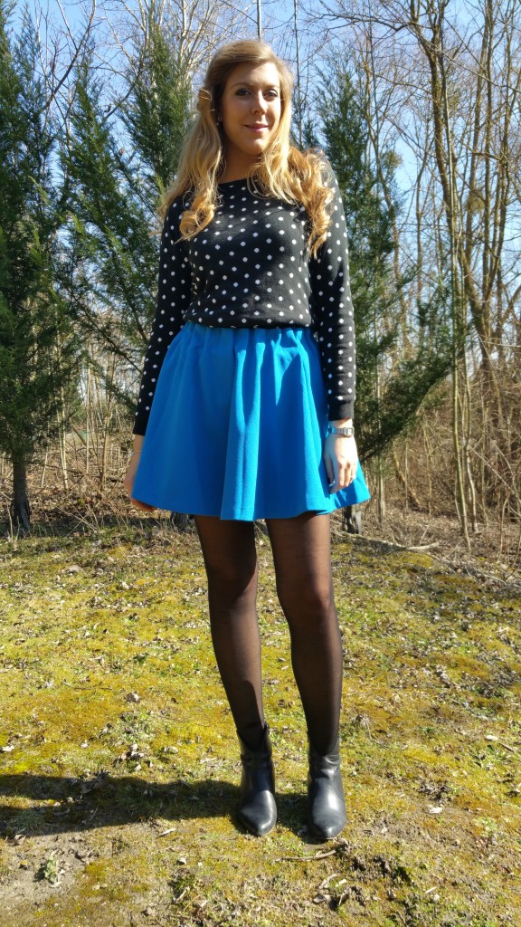 Blog mode,  Pull à pois,  jupe corolle,  jupe bleue,  Cape,  NewLook,  Damart,H&M,  Gémo,  Longchamps, Soleil, Printemps,  look été,  tendance pe 2015