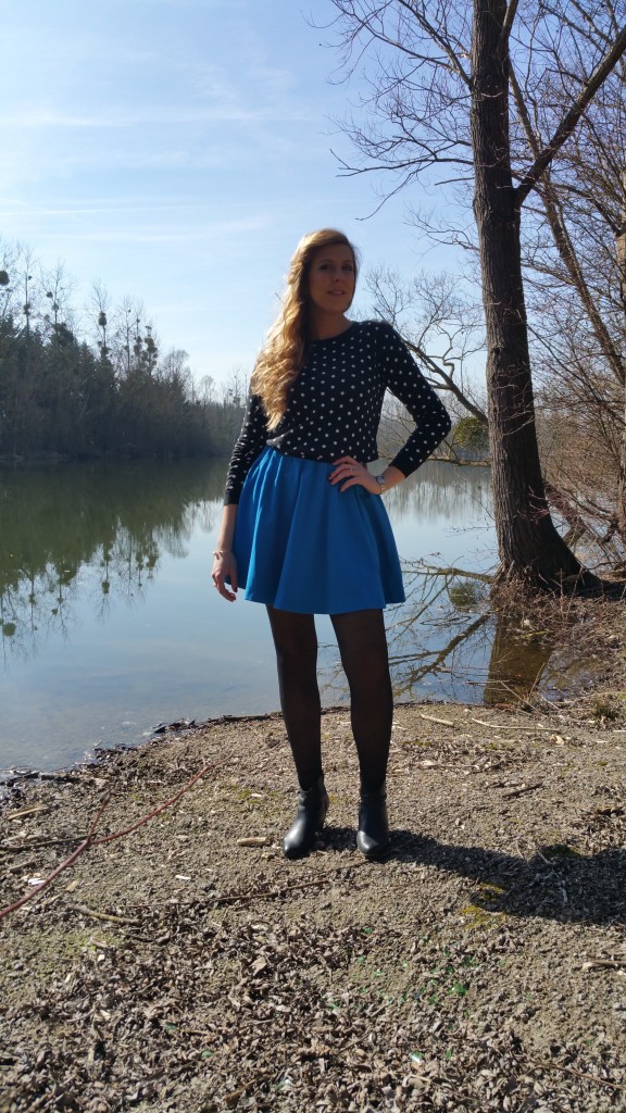 Blog mode,  Pull à pois,  jupe corolle,  jupe bleue,  Cape,  NewLook,  Damart,H&M,  Gémo,  Longchamps, Soleil, Printemps,  look été,  tendance pe 2015