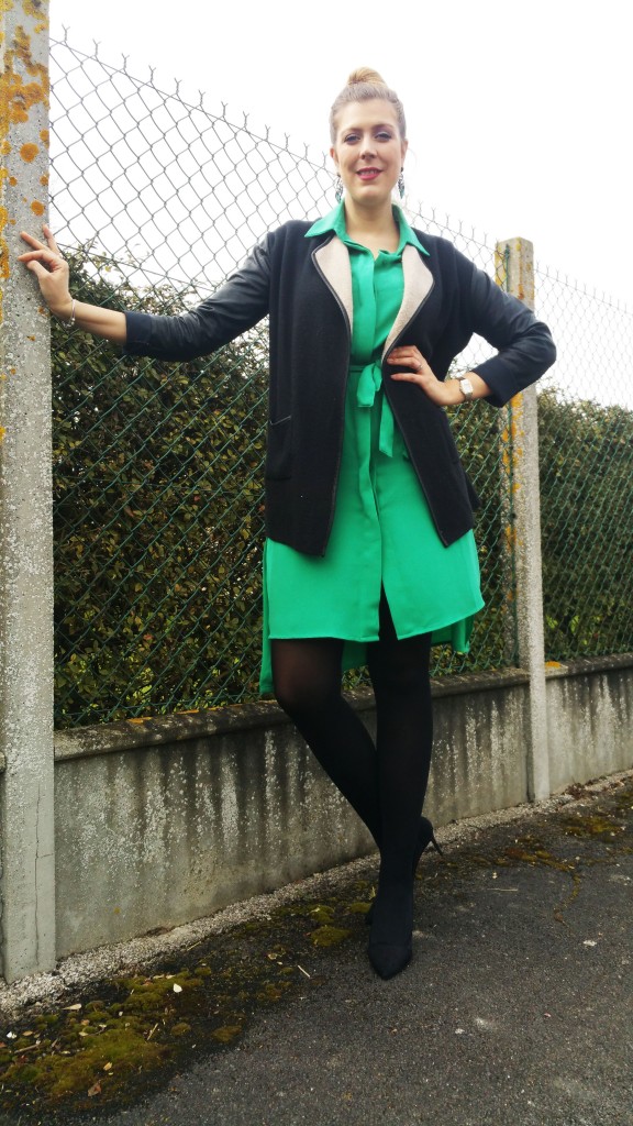 look tendance, ootd, ootn, tenue du jour, look femme, robe chemise, vert emeraude, gilet bimatière, escarpins bimatière, babou, derhy, zara, boucles d'oreilles bijoux, tendance, revue, review, haul, blog mode, blogueuse mode,