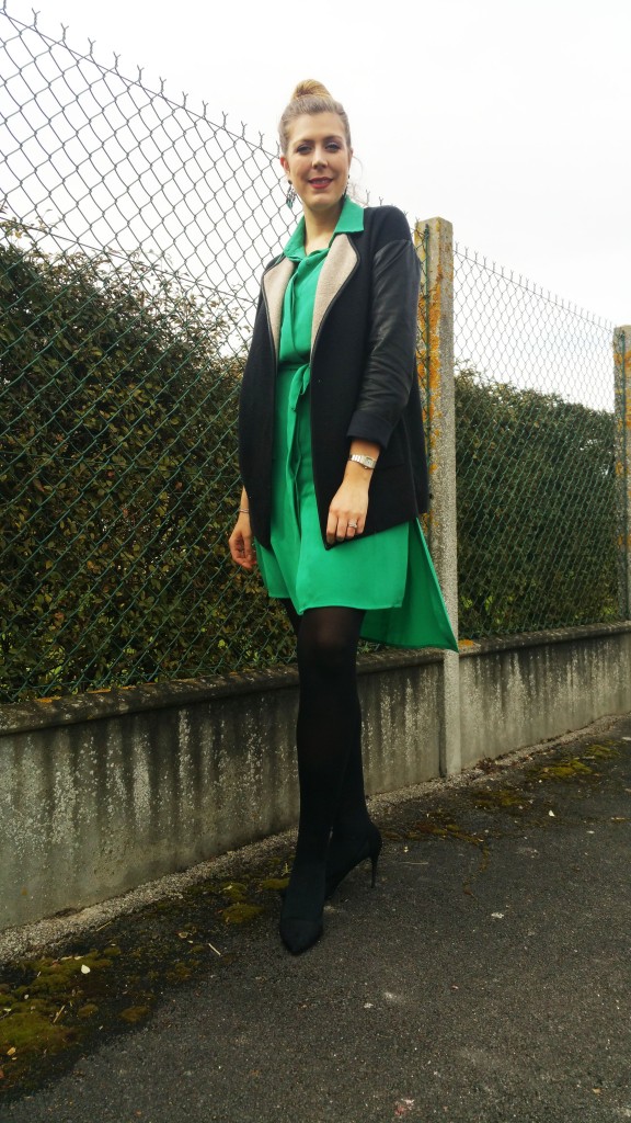 look tendance, ootd, ootn, tenue du jour, look femme, robe chemise, vert emeraude, gilet bimatière, escarpins bimatière, babou, derhy, zara, boucles d'oreilles bijoux, tendance, revue, review, haul, blog mode, blogueuse mode,