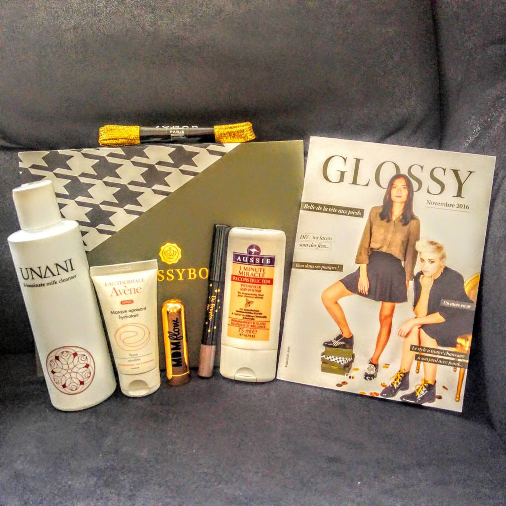 Glossybox, Jonak, novembre 2016, lacets jonak, Crayon jumbo yeux DE BRUYÈRE , Rouge à lèvres MDMFLOW , Rouge à lèvres MDMFLOW ,  Masque apaisant hydratant AVENE,  Soin 3 minute miracle AUSSIE , Lait nettoyant UNANI , unboxing, test, avis, review, revue, blog beauté, blogueuse beauté, test produit, avis cosmétiques