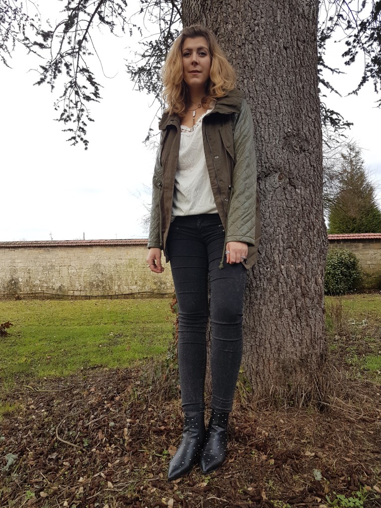 Look, ootd, tenue du jour, lookbook, tendance, trenbook, blog mode, blogueuse mode, parka kaki, tenue printemps, look mi saison, youtubeuse