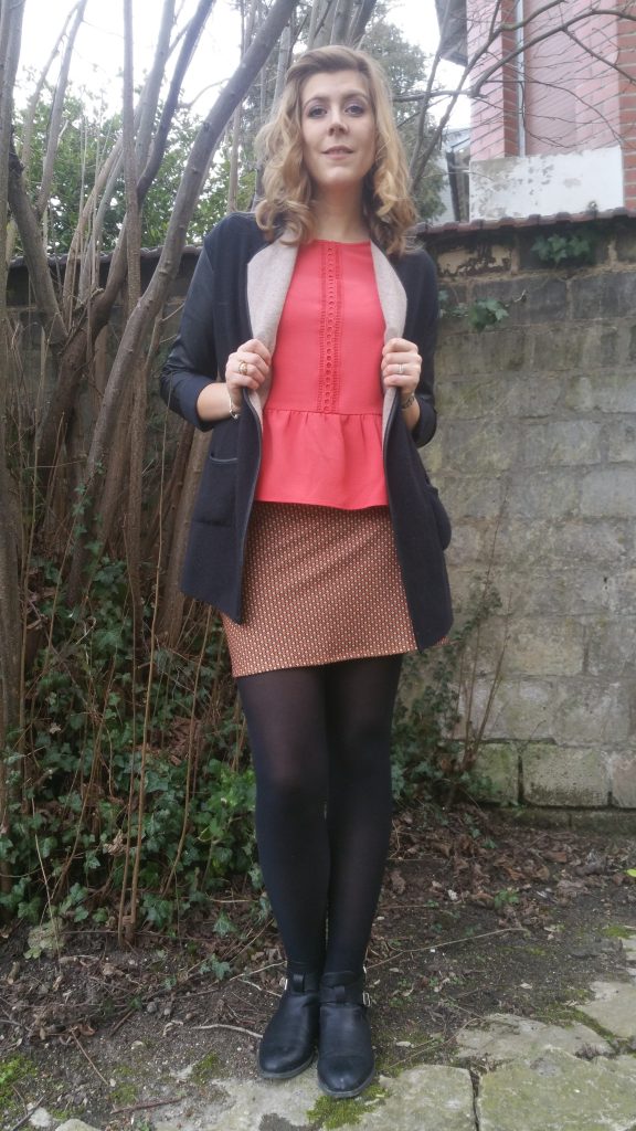 look, ootd, tenue du jour, ootn, look tendance, look sixties, look 60's, look seventies, top basques, corail, derhy, jupe retro, lefties, boots cut out, babou, gilet bimatière, gilet cuir, blog mode, blogueuse mode