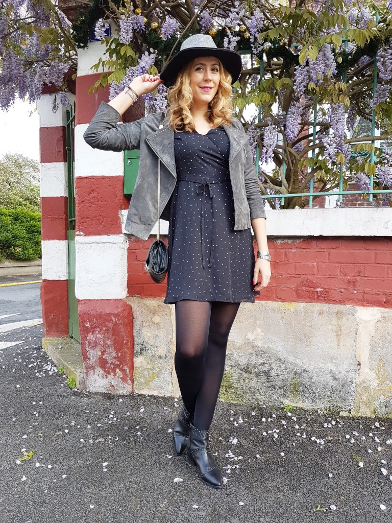 Poulette party, chapeau fedora, asos, robe à pois, robe épaules nues, primark, primark londres, haul primark, butin shopping, perfecto suédine, perfecto daim, perfecto gris, bottines cloutées, mango, grain de malice, lok rock, look boho, look folk, ootd, tenue du jour, blog mode, blogueuse mode