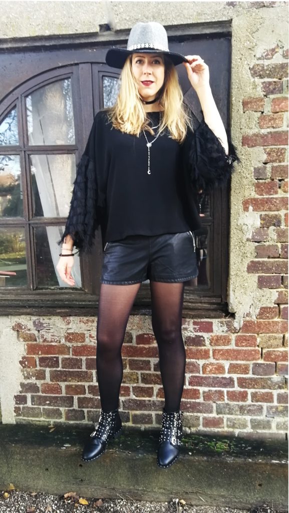 look, ootd, tenue du jour, blog mode, fedora, top soirée, short en cuir, choker, boots balmain, boots givenchy, blog mode