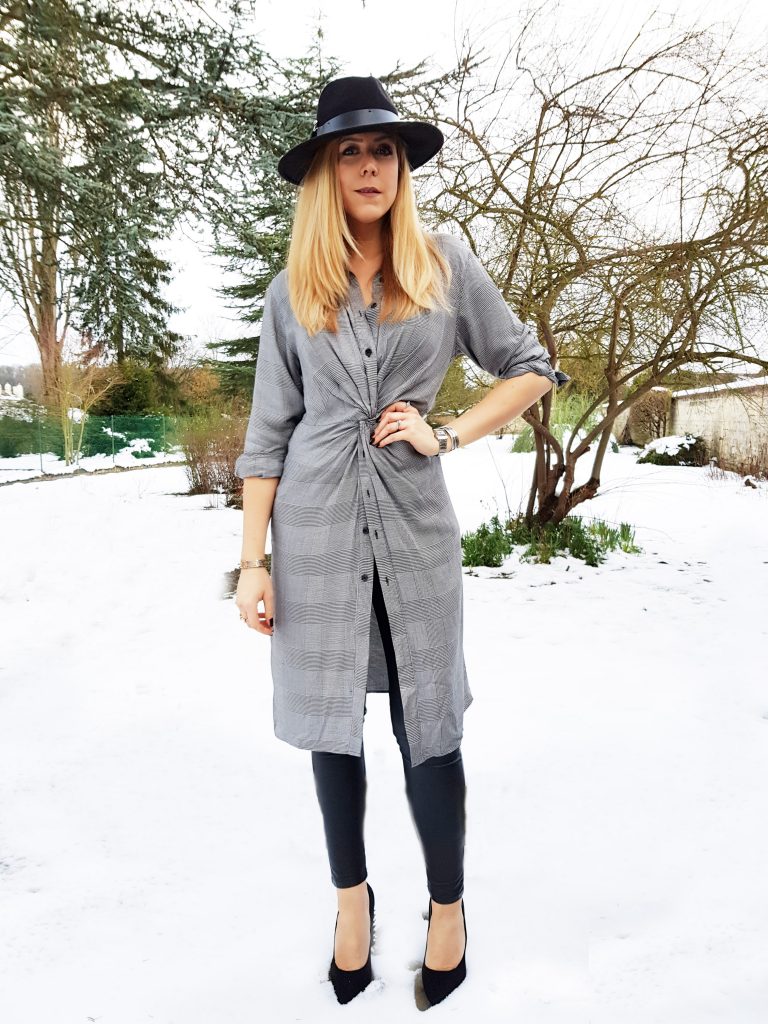 look, robe chemise, soldes, escarpins clous, studded heels, legging cuir, fedora, chapeau large, look rock, glamrock, hippie chic, gypset, ootd, tenue du jour, look d'un jour, style du jour, idée de look femme, look tendance femme, blog mode, blogueuse mode