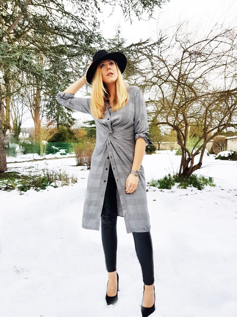 look, robe chemise, soldes, escarpins clous, studded heels, legging cuir, fedora, chapeau large, look rock, glamrock, hippie chic, gypset, ootd, tenue du jour, look d'un jour, style du jour, idée de look femme, look tendance femme, blog mode, blogueuse mode