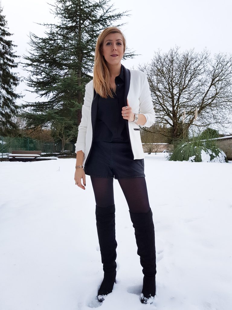  look ootd short cuir veste smocking femme blazer blanc femme cuissardes suedine chemise dos détail look femme look du jour style d'un jour tenue soirée look chic comment porter un short en cuir blog mode blogueuse mode