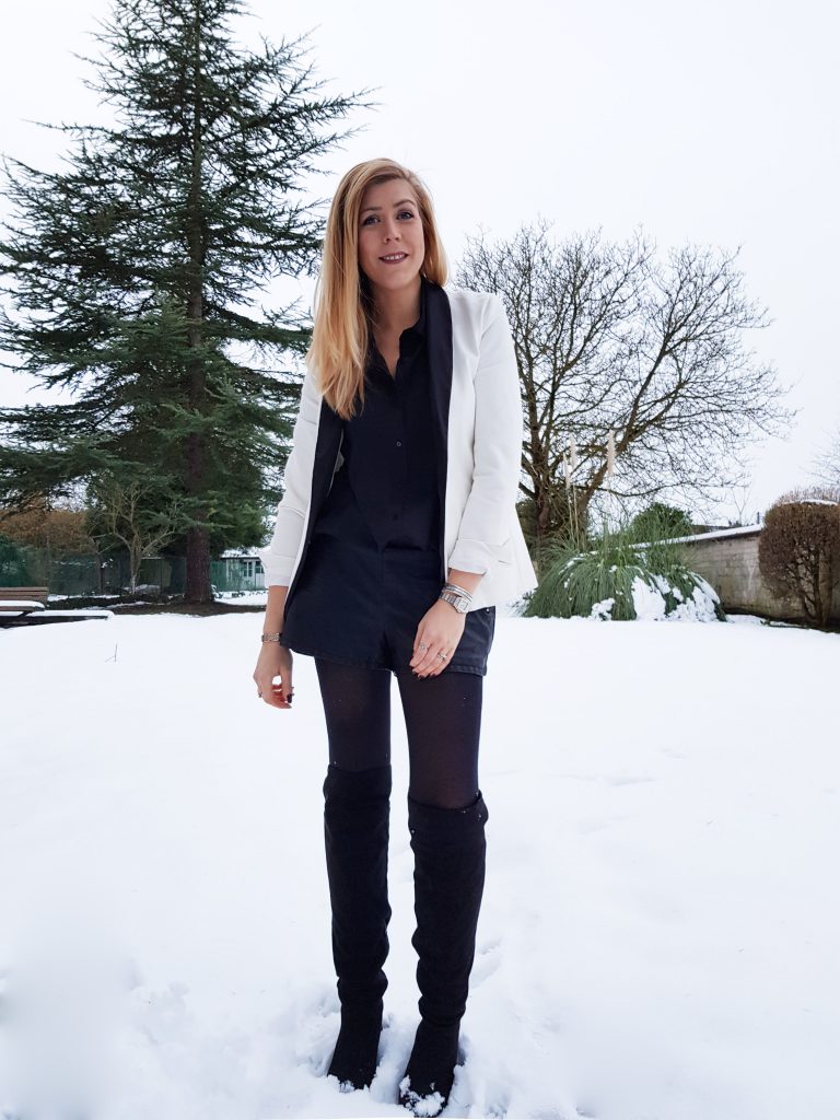  look ootd short cuir veste smocking femme blazer blanc femme cuissardes suedine chemise dos détail look femme look du jour style d'un jour tenue soirée look chic comment porter un short en cuir blog mode blogueuse mode