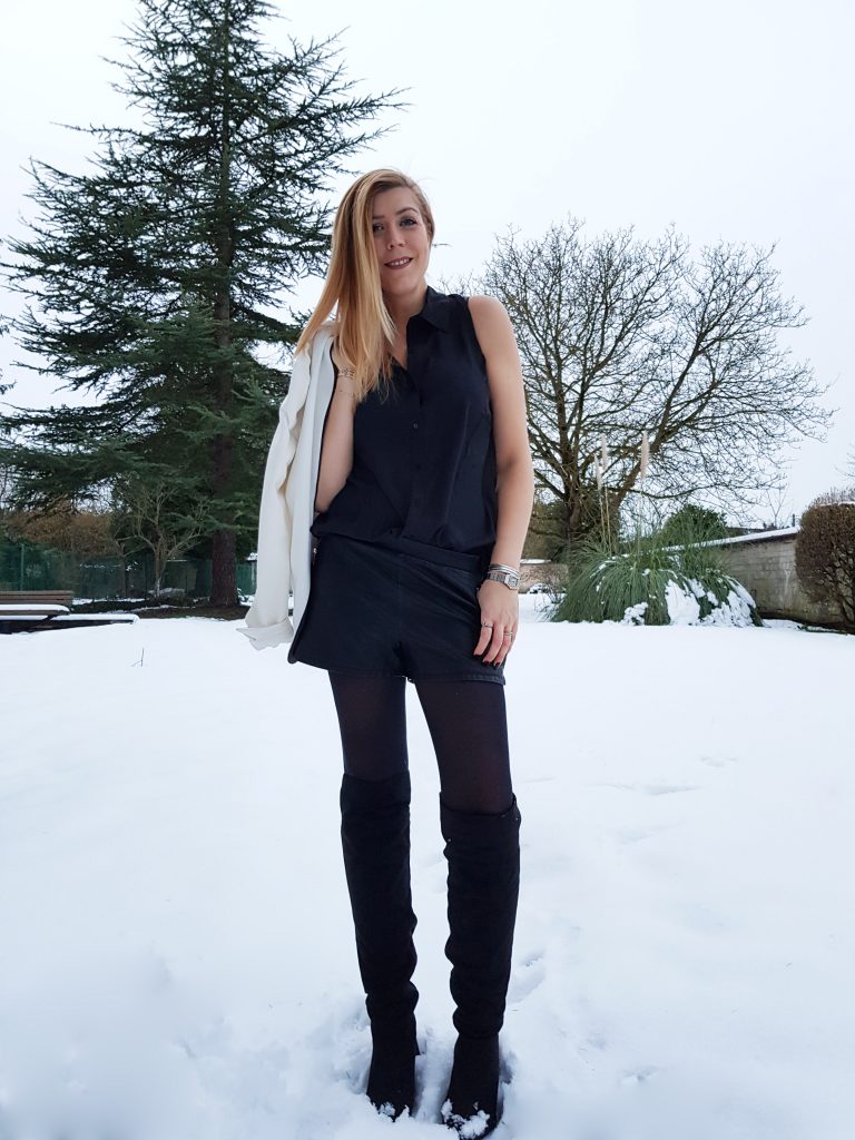  look ootd short cuir veste smocking femme blazer blanc femme cuissardes suedine chemise dos détail look femme look du jour style d'un jour tenue soirée look chic comment porter un short en cuir blog mode blogueuse mode