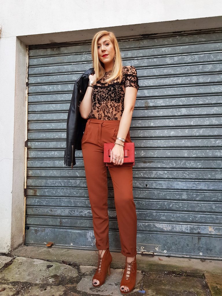 perfecto, look, ootd, ootn, look du jour, style d'un jour, tenue du jour, idée look femme, lookbook, rouille, peep toes, camel, top dentelle, look glam chic, look rock chic, tenue de soirée, blog mode, blogueuse mode