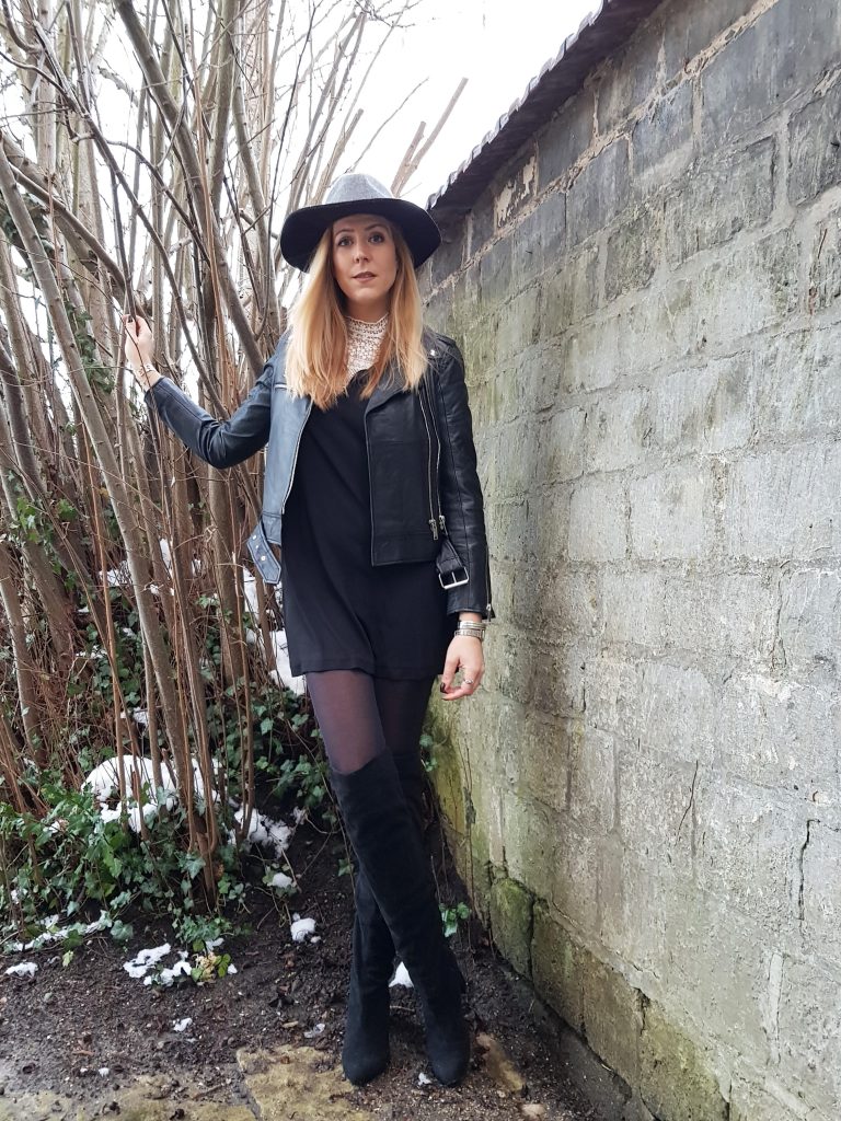 robe chemise, robe dentelle, look noir et blanc, black & white, outfit, ootd, ootn, party look, tenue de soirée, look rock, glamrock, perfecto cuir, fedora, cuissardes suédine, blog mode, blogueuse mode, missglamazone