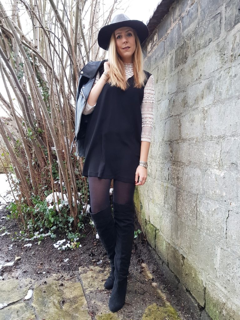 robe chemise, robe dentelle, look noir et blanc, black & white, outfit, ootd, ootn, party look, tenue de soirée, look rock, glamrock, perfecto cuir, fedora, cuissardes suédine, blog mode, blogueuse mode, missglamazone