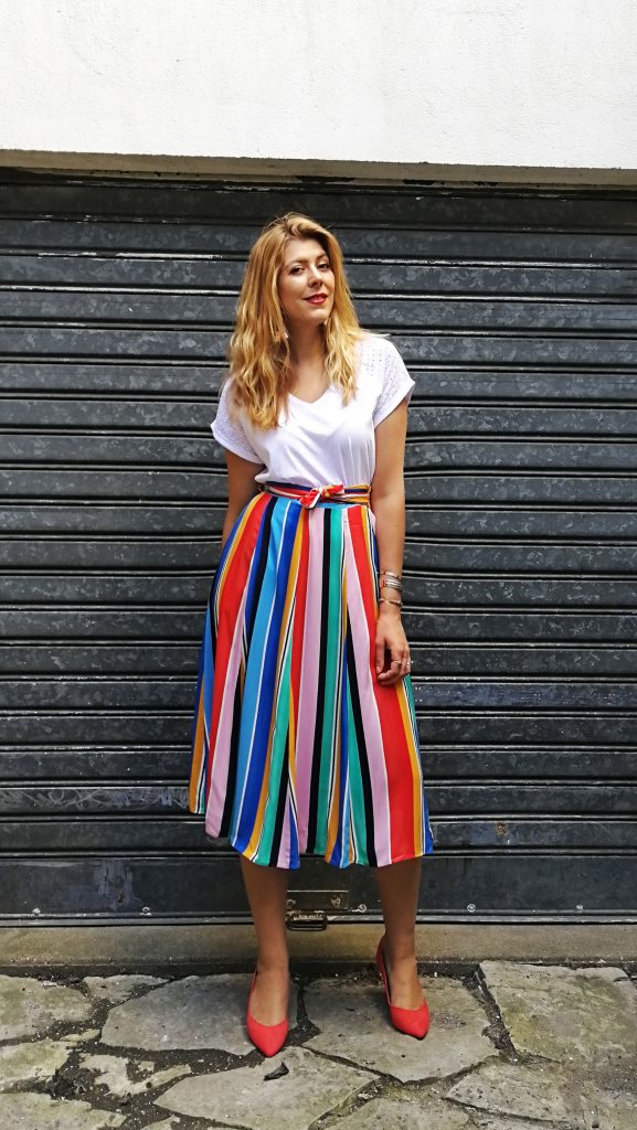 jupe midi, look, ootd, lookbook, tenue du jour, idée look femme, dentelle anglaise, broderie anglaise, escarpins orange, jupe rayures, jupe multicolore, boucles d'oreilles pompoms, blog mode, blogueuse mode, look chic, look bureau femme,