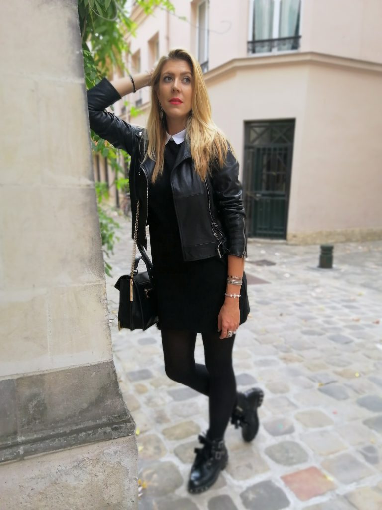 look rock, rock'nchic, robe mercredi adam, robe noir col blanc, bottines rock, bottines clous, tenue rock, perfecto cuir, blouson motard, outfit of the day, idée look mi saison, blog mode, blogueuse mode, missglamazone