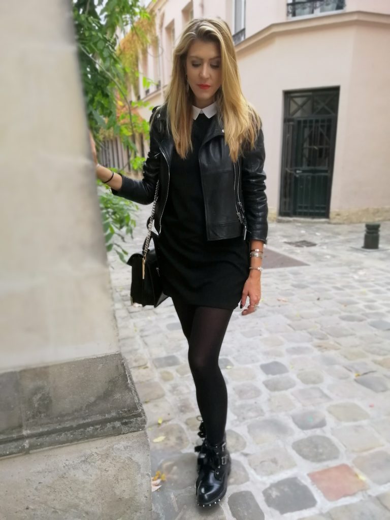 look rock, rock'nchic, robe mercredi adam, robe noir col blanc, bottines rock, bottines clous, tenue rock, perfecto cuir, blouson motard, outfit of the day, idée look mi saison, blog mode, blogueuse mode, missglamazone