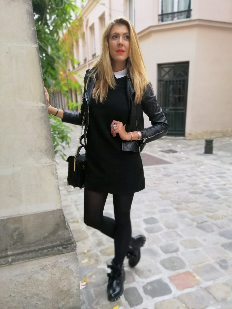 look rock, rock'nchic, robe mercredi adam, robe noir col blanc, bottines rock, bottines clous, tenue rock, perfecto cuir, blouson motard, outfit of the day, idée look mi saison, blog mode, blogueuse mode, missglamazone