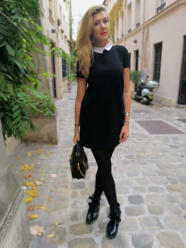 look rock, rock'nchic, robe mercredi adam, robe noir col blanc, bottines rock, bottines clous, tenue rock, perfecto cuir, blouson motard, outfit of the day, idée look mi saison, blog mode, blogueuse mode, missglamazone