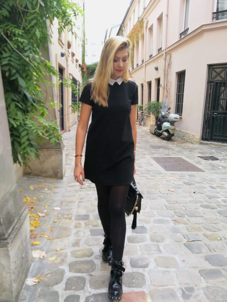 look rock, rock'nchic, robe mercredi adam, robe noir col blanc, bottines rock, bottines clous, tenue rock, perfecto cuir, blouson motard, outfit of the day, idée look mi saison, blog mode, blogueuse mode, missglamazone